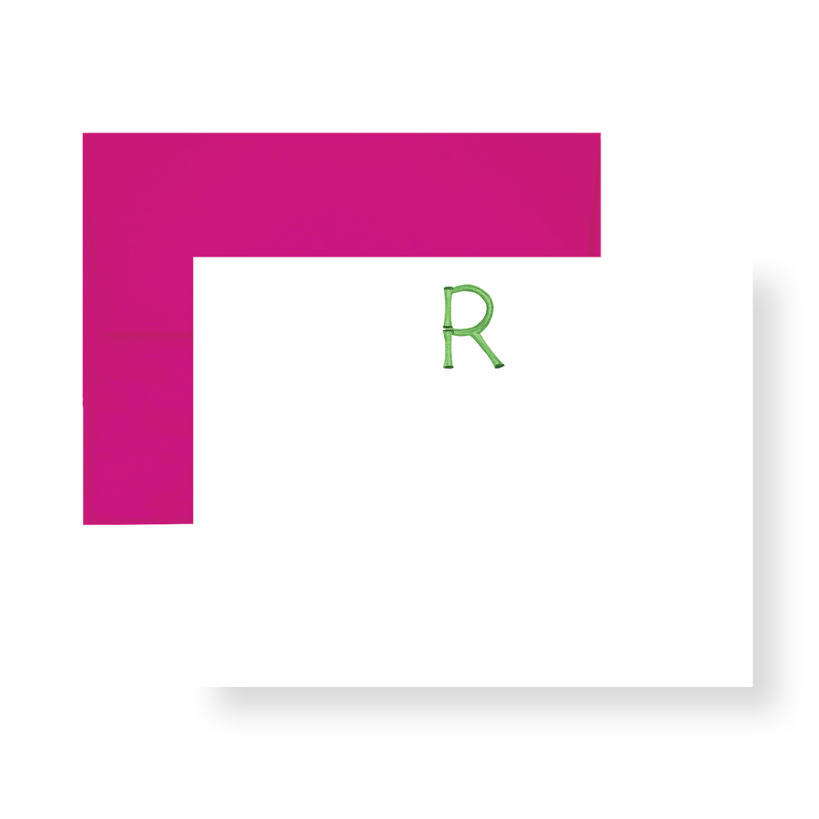 Bamboo Initial Note Card Set with magenta border frame and green letter R monogram on white card