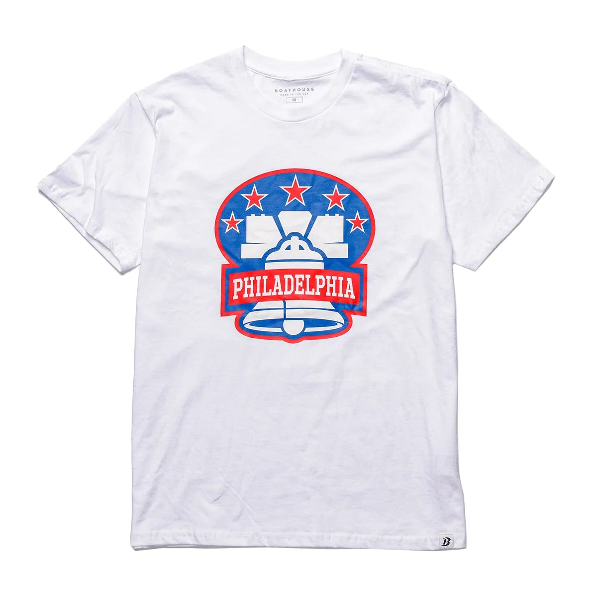White cotton t-shirt with red and blue Philadelphia Liberty Bell graphic design featuring stars and banner Main image