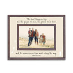 Wooden framed photo display with inspirational quote about best things in life being people and memories