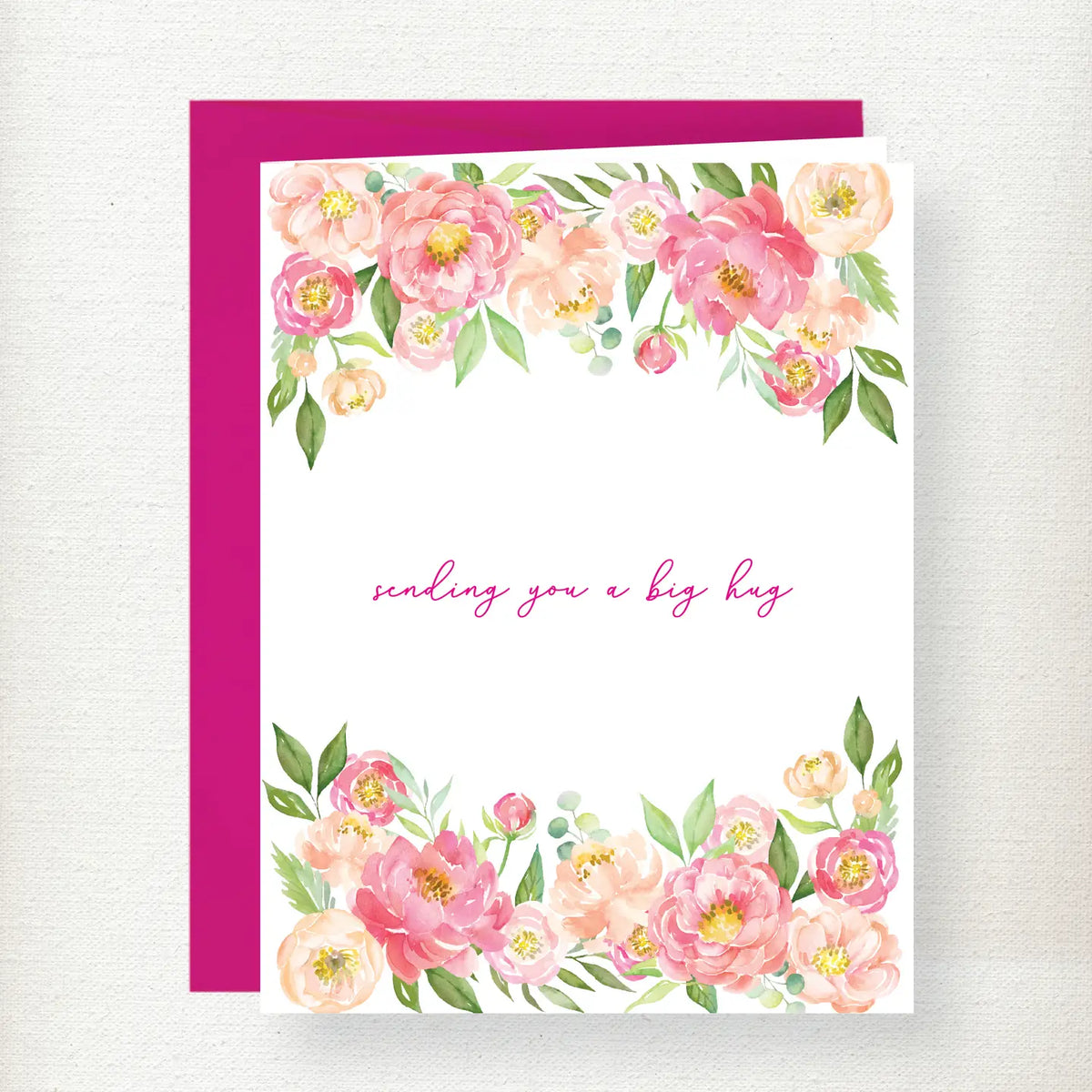 Greeting card with watercolor peonies in pink and peach tones, floral borders top and bottom, magenta envelope, centered tex…