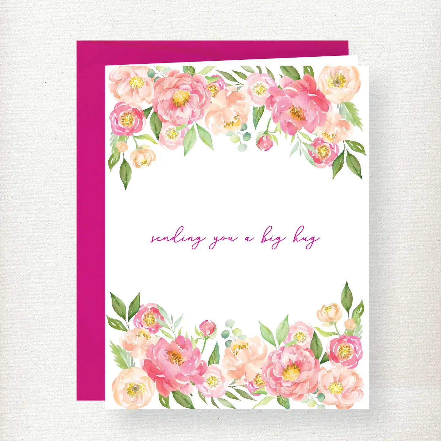 Greeting card with watercolor peonies in pink and peach tones, floral borders top and bottom, magenta envelope, centered tex… Main image