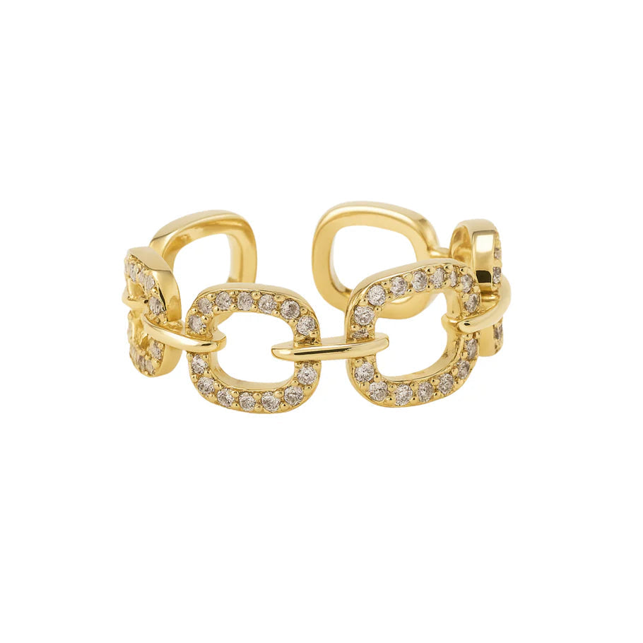 Gold-tone Billie adjustable ring with curved links adorned with sparkling crystals