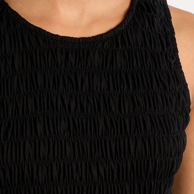 Close-up of a black textured sleeveless dress