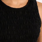Close-up of a black textured sleeveless dress