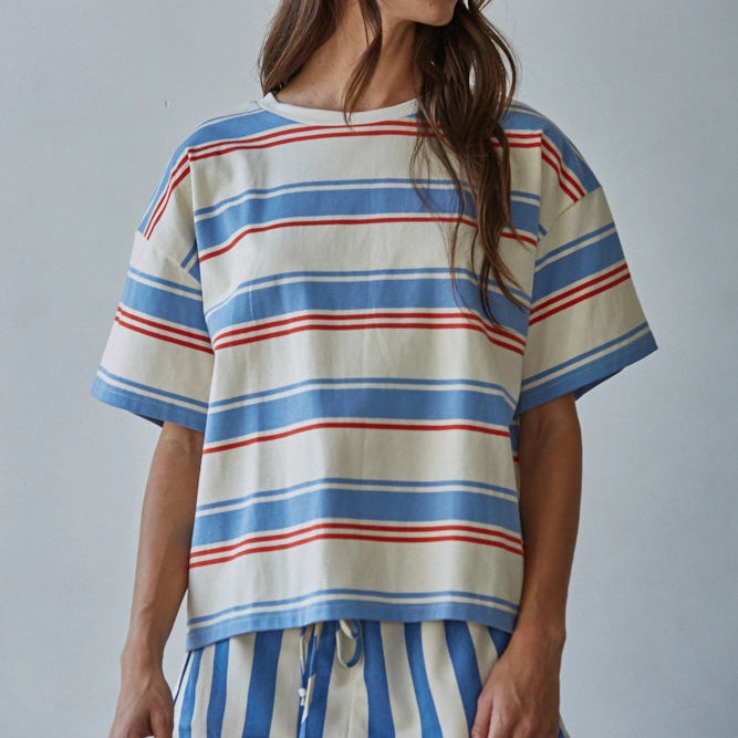 Knit Cotton Striped Short Sleeve Top