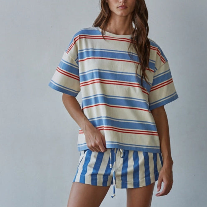 Knit Cotton Striped Short Sleeve Top