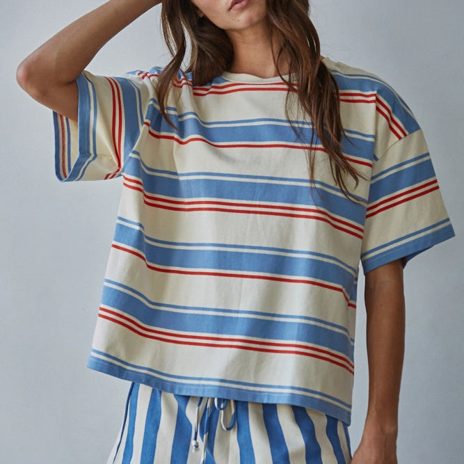 Knit Cotton Striped Short Sleeve Top