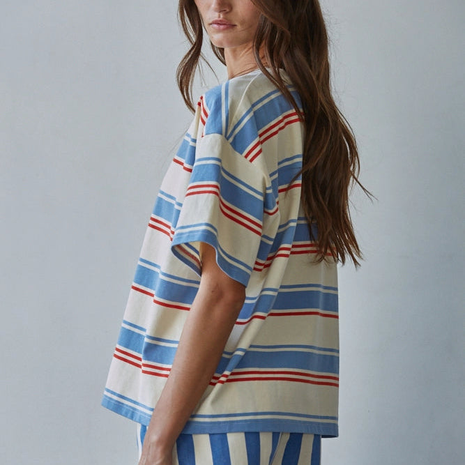 Knit Cotton Striped Short Sleeve Top