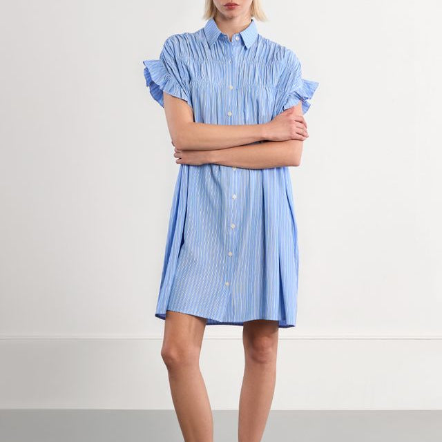 Woman wearing a blue dress with ruffled sleeves against a white background