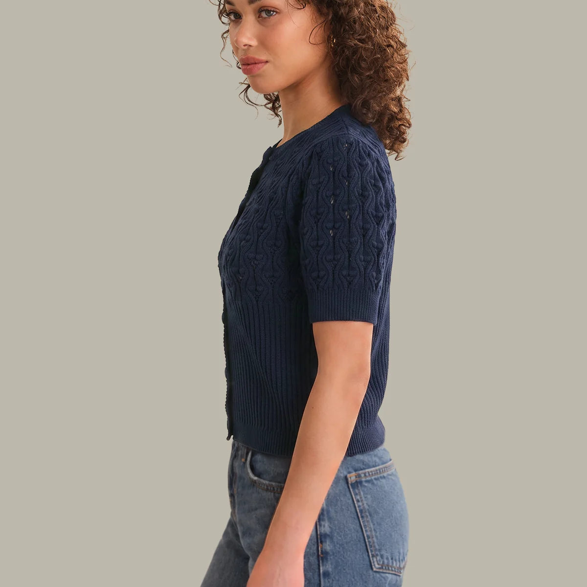 Bobble Knit Short Sleeve Cardigan