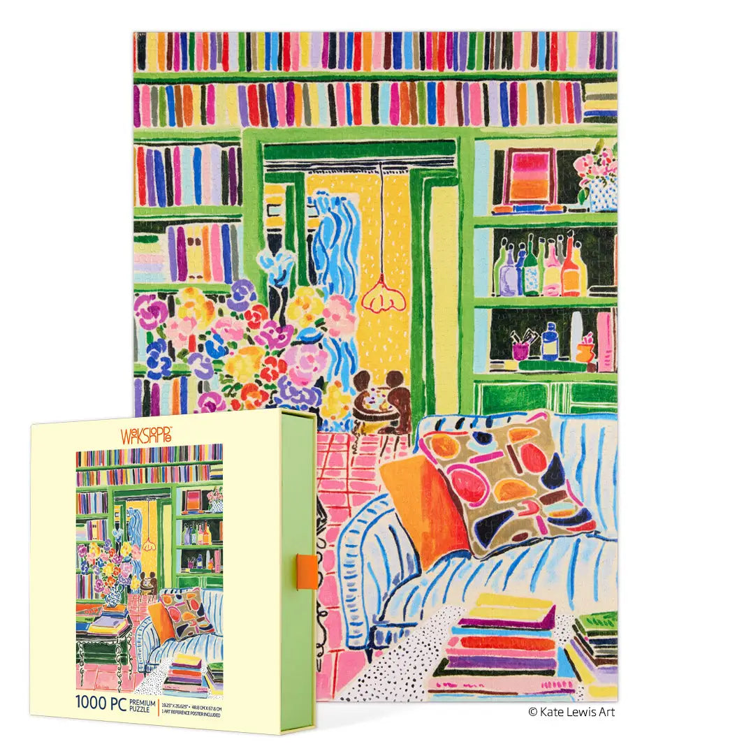 Books and Bouquets 1000 piece jigsaw puzzle featuring colorful bookshelves, flowers, and a cozy reading nook illustration by…