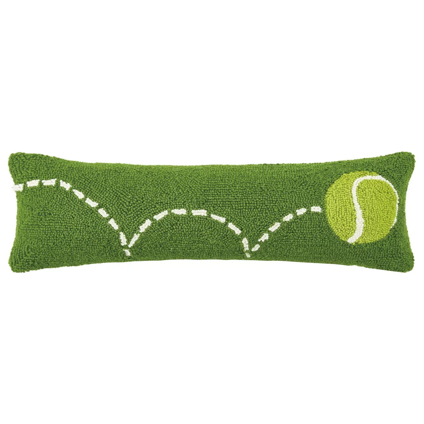 Green rectangular pillow with white dashed tennis court lines and a yellow-green tennis ball design on the right side