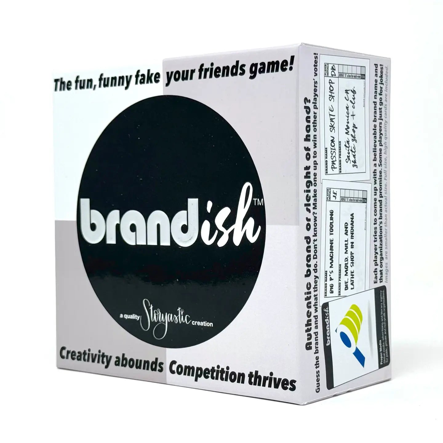 Brandish party game box featuring black oval logo with white text, tagline reads the fun fake your friends game, creativity … Main image