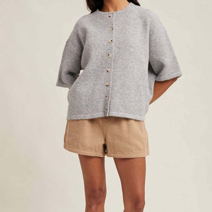 Brushed Half Sleeve Button Up Sweater
