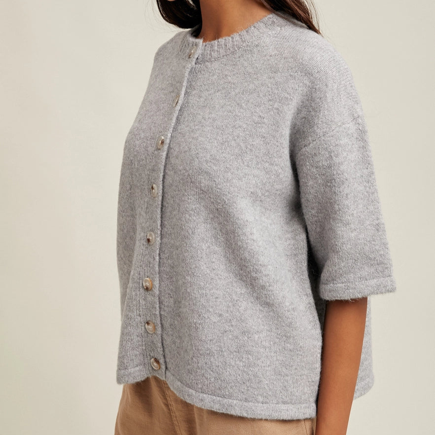 Brushed Half Sleeve Button Up Sweater