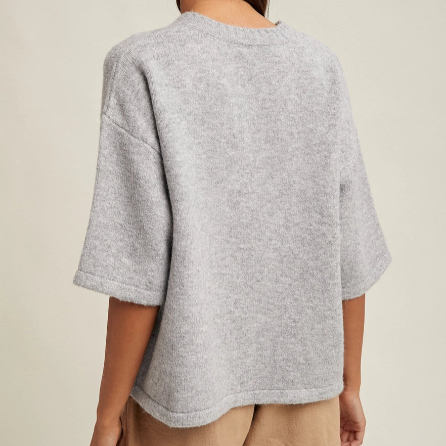 Brushed Half Sleeve Button Up Sweater