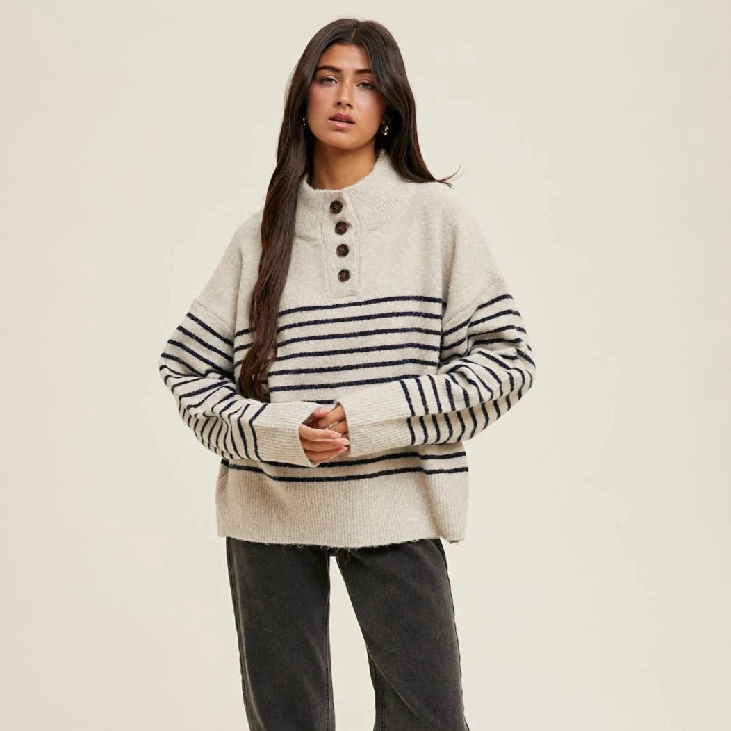 Brushed Striped Half Button Up Sweater