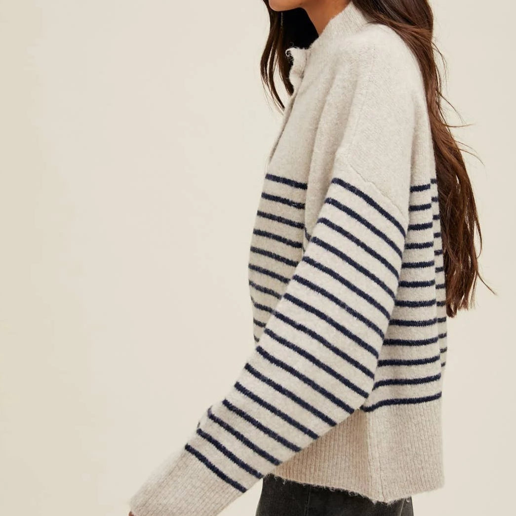 Brushed Striped Half Button Up Sweater