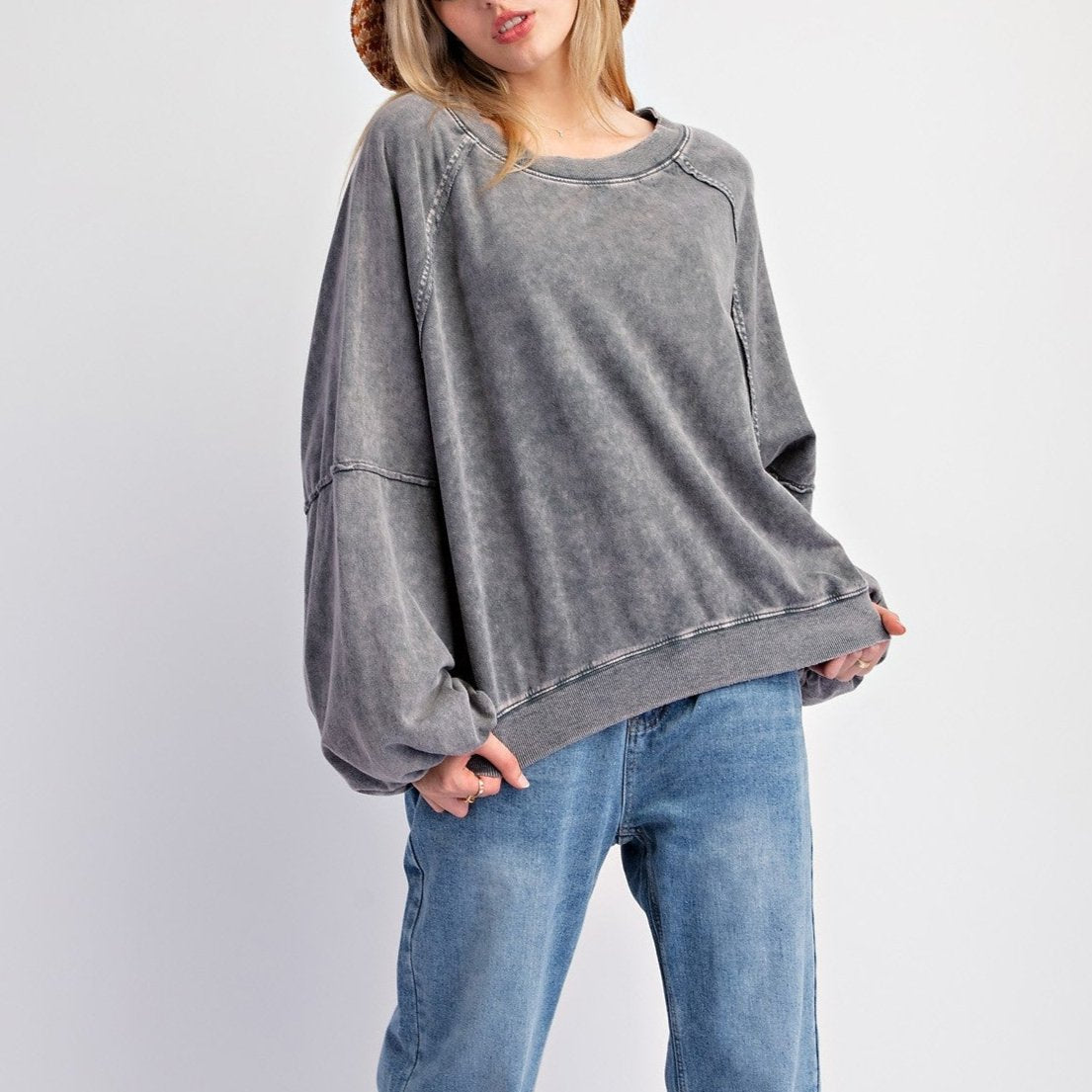 Bubble Sleeves Mineral Washed Terry Knit Pullover