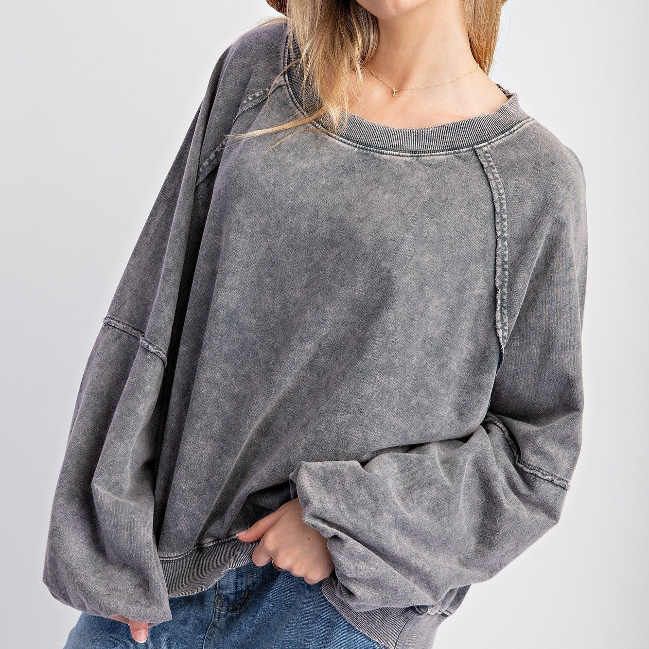 Bubble Sleeves Mineral Washed Terry Knit Pullover