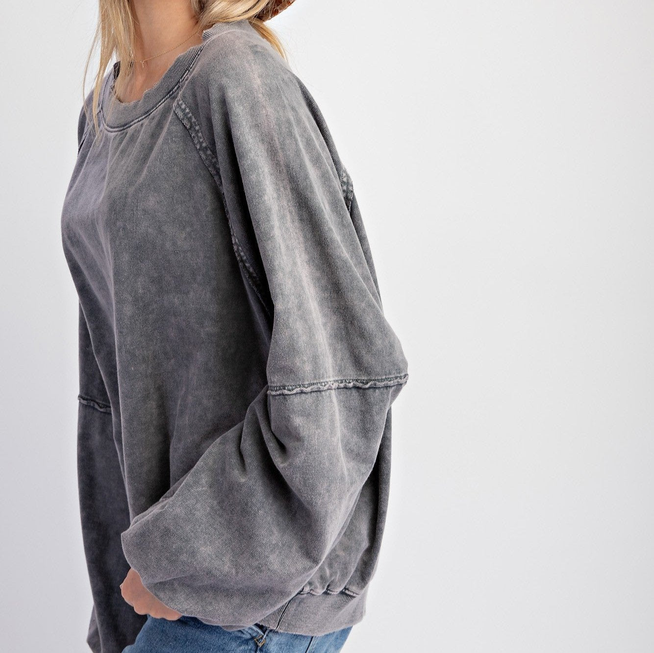 Bubble Sleeves Mineral Washed Terry Knit Pullover