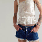 Person wearing a white lace top and denim shorts against a plain background