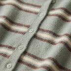 Close-up of a knit button-front cardigan with horizontal wavy stripes in muted sage green, taupe-brown, and cream.