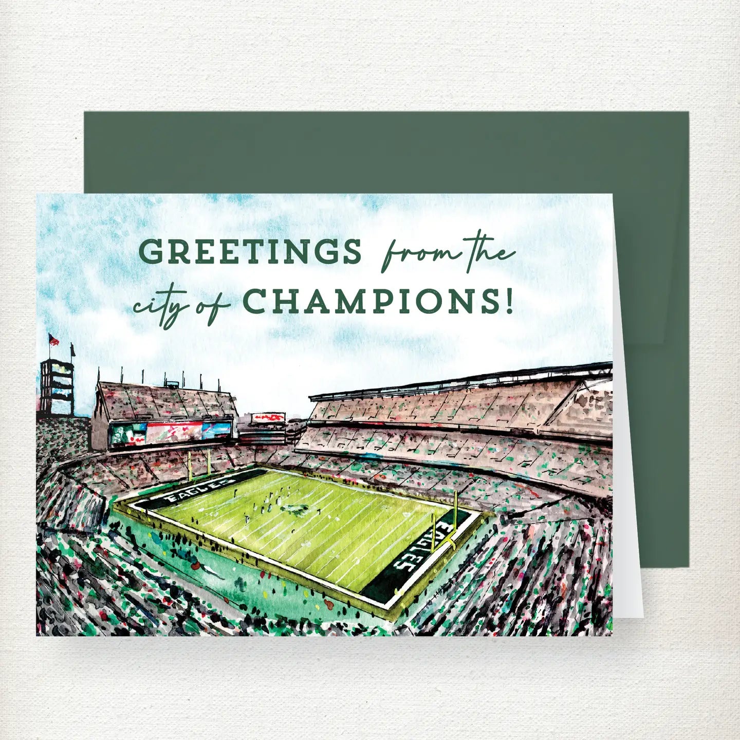 Greetings from the City of Champions greeting card featuring illustrated Philadelphia Eagles stadium with green field and pa…