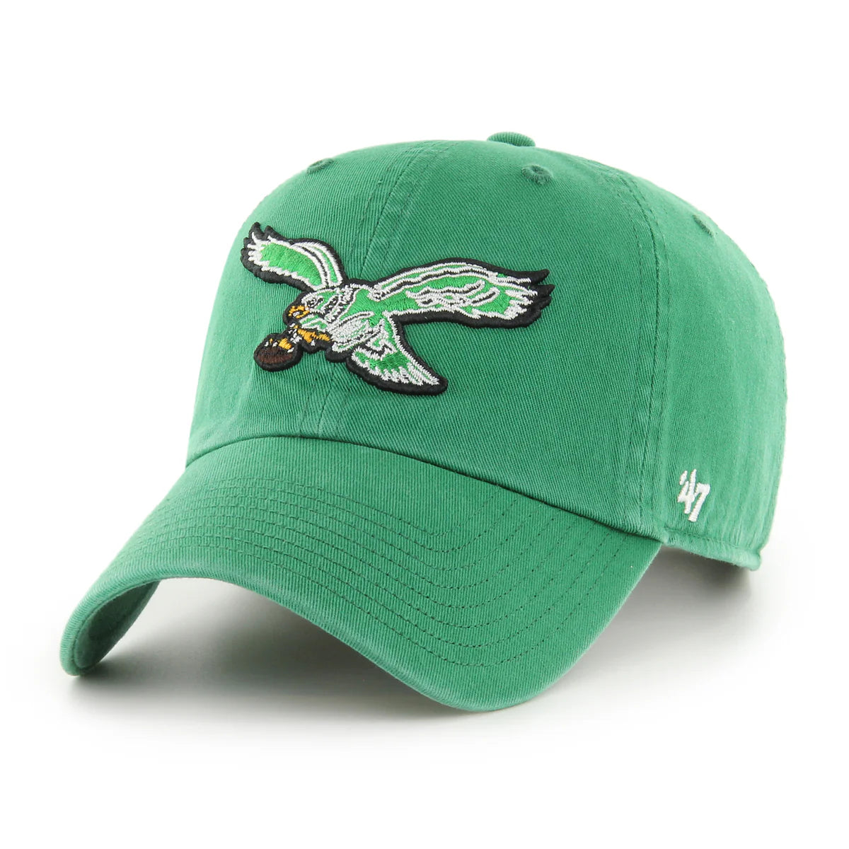 Green '47 Brand Philadelphia Eagles baseball cap with white embroidered eagle logo and brown football, featuring '47 brand m…