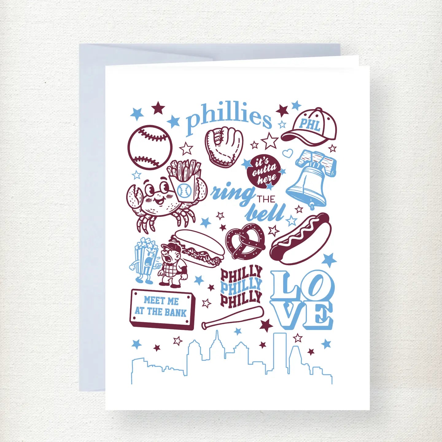 Philadelphia Phillies collage greeting card featuring baseballs, gloves, hot dogs, Phillies text, Liberty Bell, and city sky…