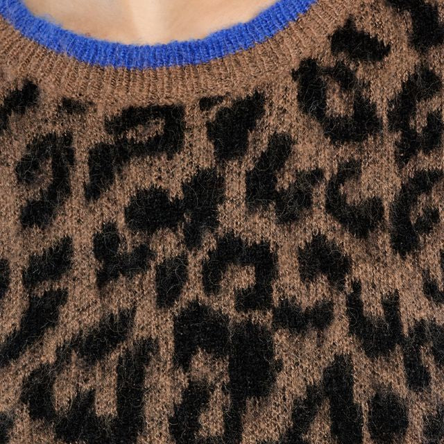 Close-up of a knit sweater featuring a brown and black leopard print pattern with a bright blue ribbed crew neck.
