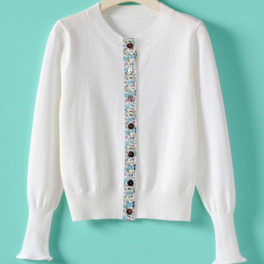 Contrast Floral Detail Knit Button Cardi