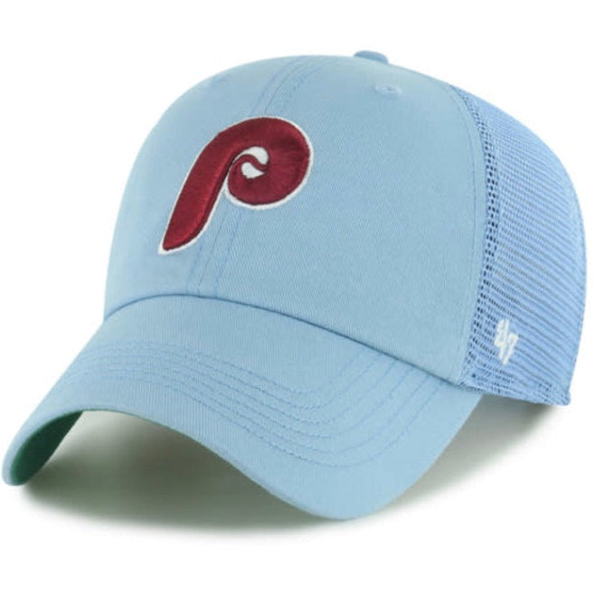 Light blue '47 Brand Philadelphia Phillies Cooperstown trucker cap with burgundy P logo and mesh back
