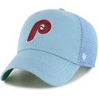 Light blue '47 Brand Philadelphia Phillies Cooperstown trucker cap with burgundy P logo and mesh back