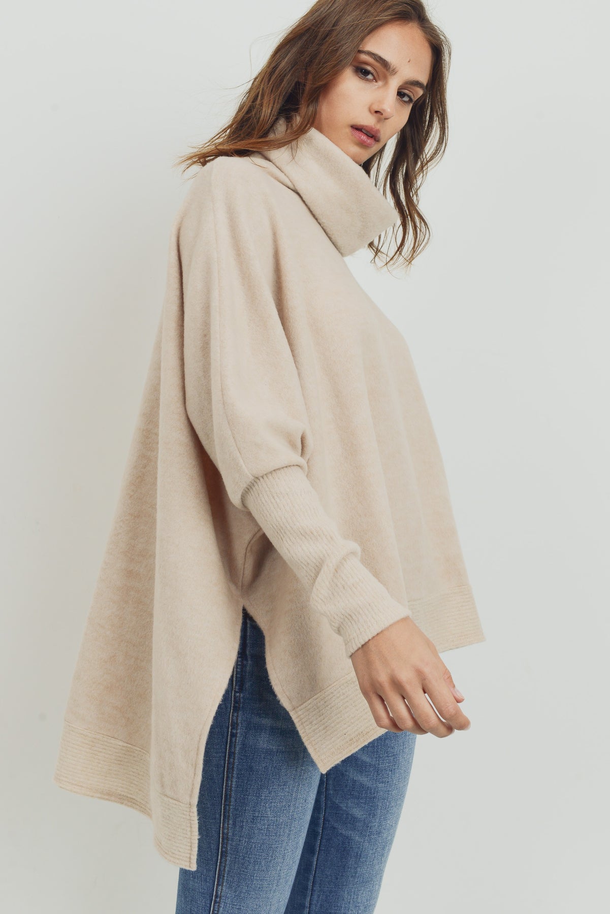 Brushed Knit Cowl Turtle Neck High Low Top