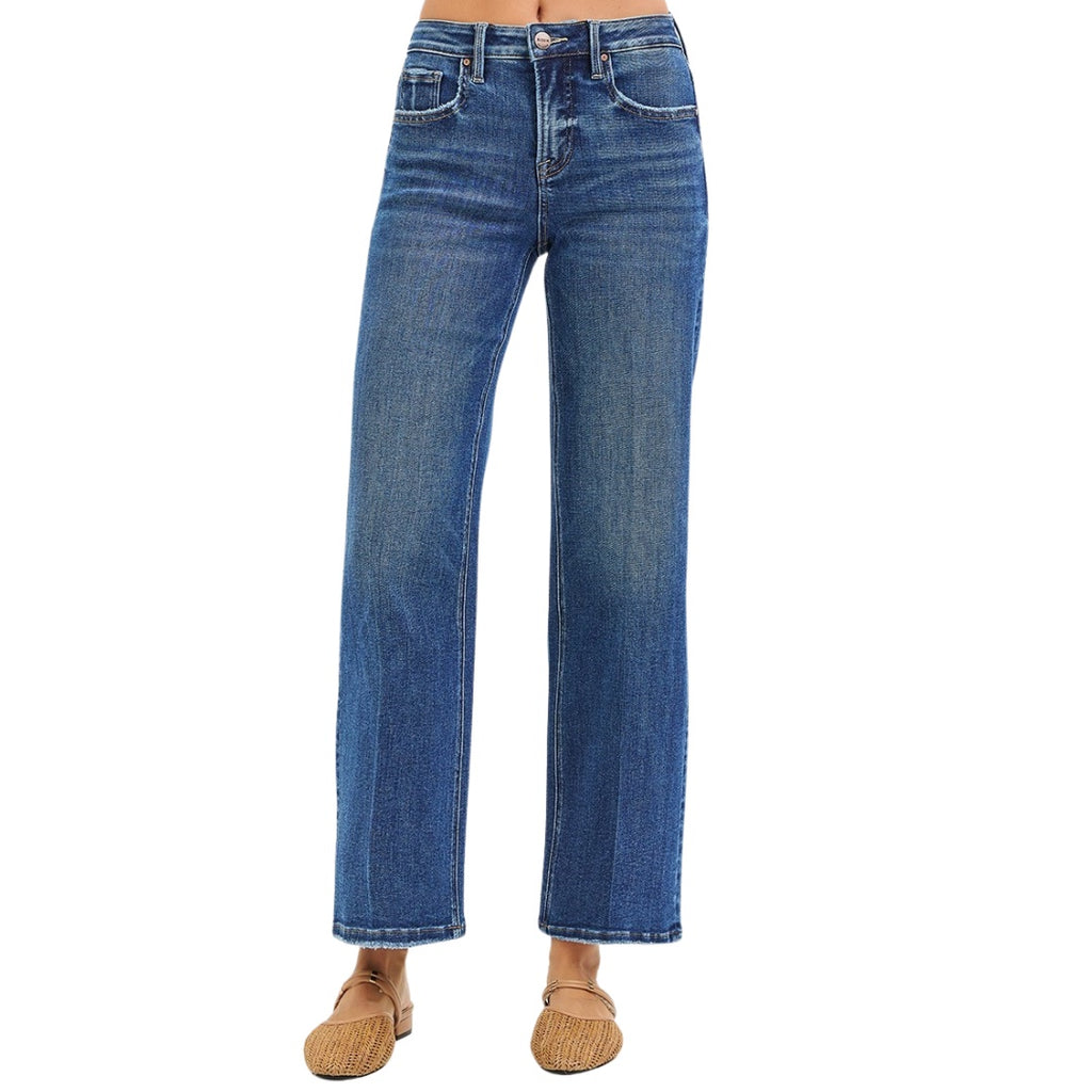 Women's high-rise straight ankle jeans with tummy control and crease line detail, medium blue wash