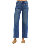 Women's high-rise straight ankle jeans with tummy control and crease line detail, medium blue wash