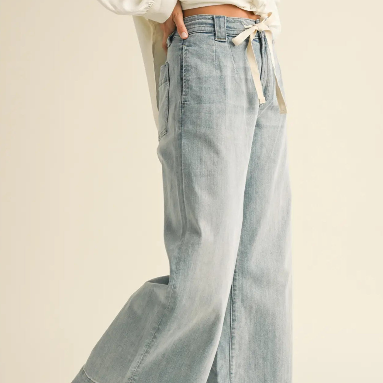 Washed Denim Front Tie Pants