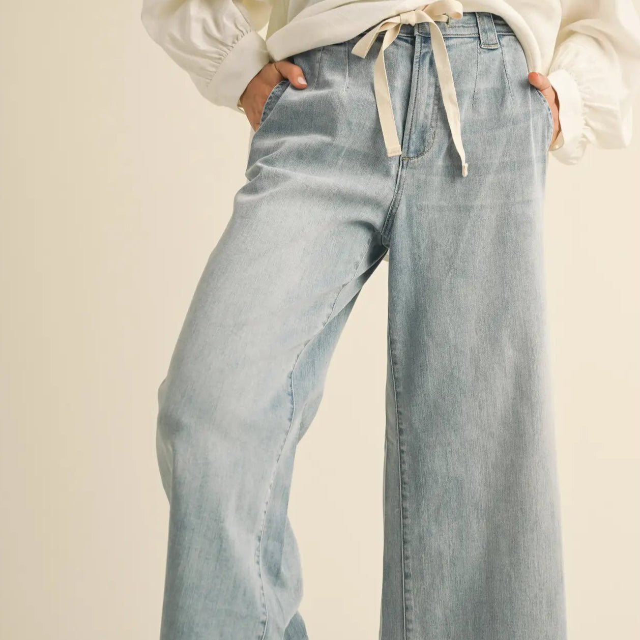 Washed Denim Front Tie Pants