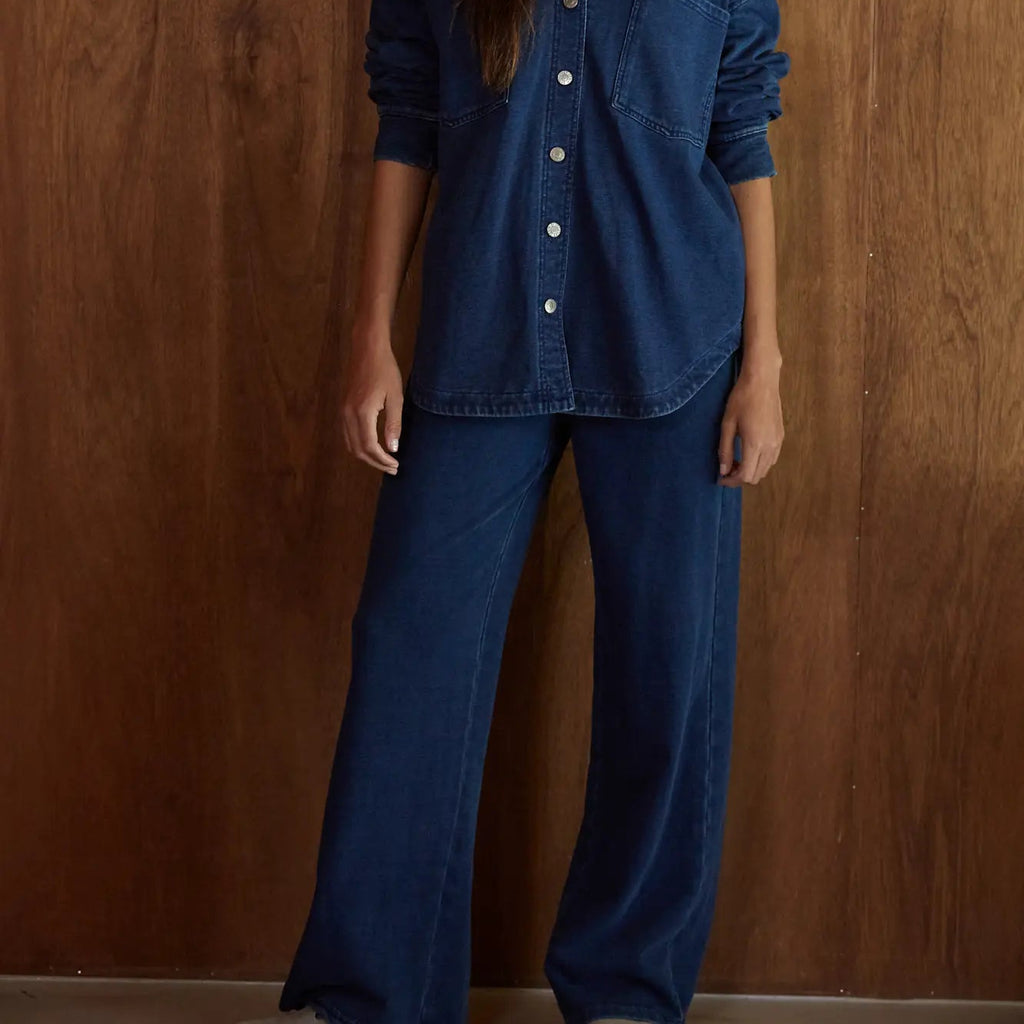 Dark Denim Cotton Wide Leg Pants