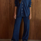 Dark Denim Cotton Wide Leg Pants