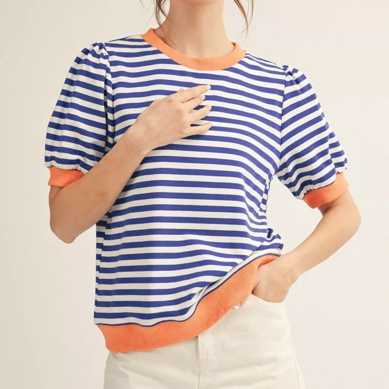 Women's navy and white striped short-sleeve tee with orange ribbed trim at neckline, cuffs, and hem Main image