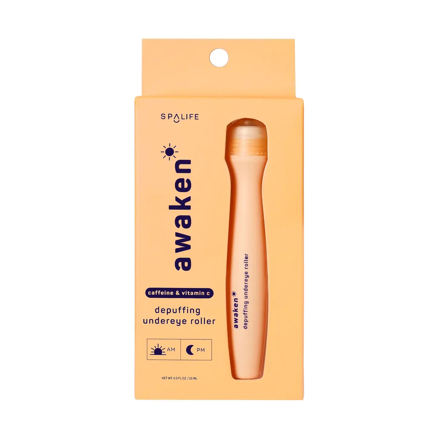 Spa Life Awaken depuffing eye roller with caffeine and vitamin C in peachy-gold packaging, 0.5 fl oz