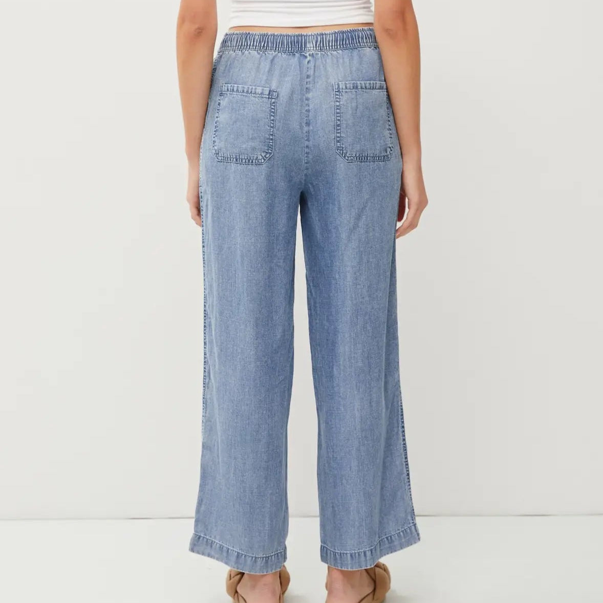 Denim Drawstring Wide Leg Pants