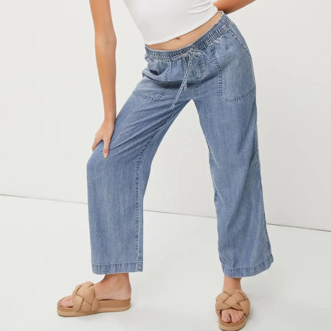 Denim Drawstring Wide Leg Pants