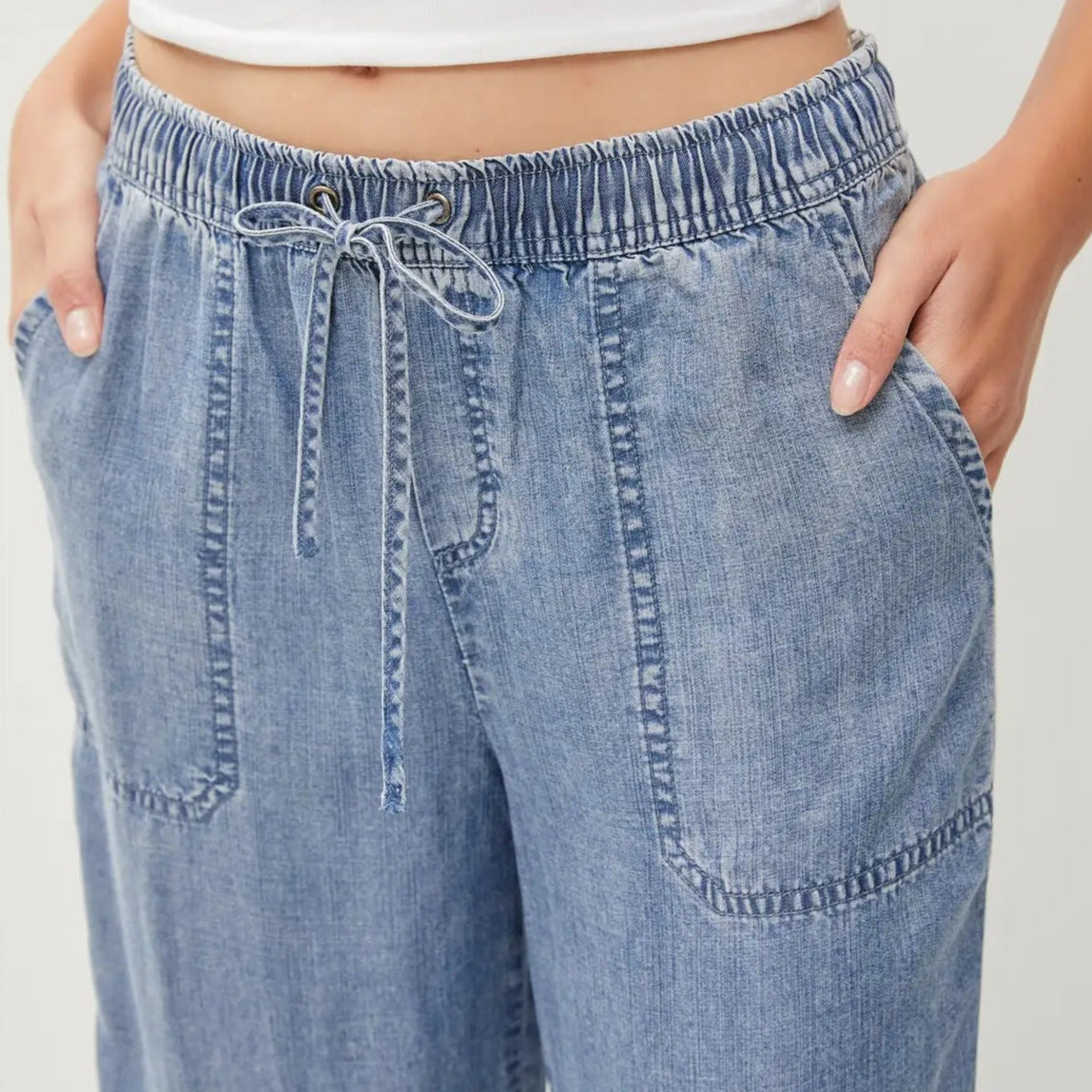 Denim Drawstring Wide Leg Pants