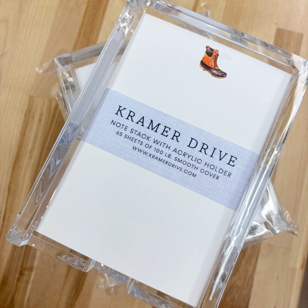Kramer Drive Duck Boot Note Stack with acrylic holder featuring orange and brown boot illustration on white notepad