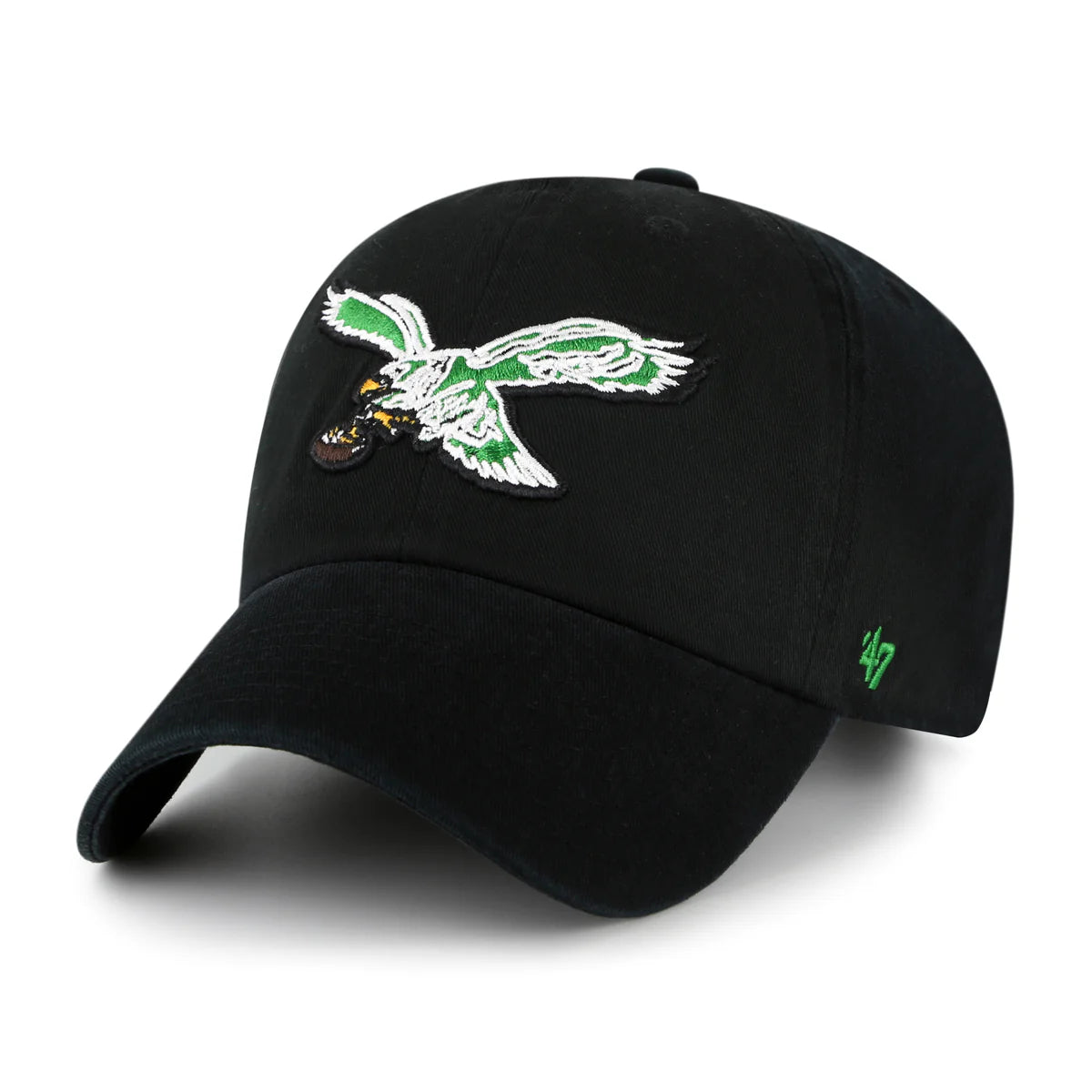 Black 47 Brand Philadelphia Eagles baseball cap with white and green embroidered eagle logo and yellow talon details Main image
