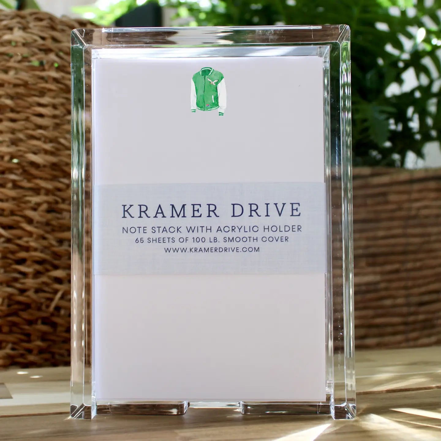 Kramer Drive Philadelphia Eagles green jacket note stack with acrylic holder containing 65 sheets of 100 lb smooth cover pap…