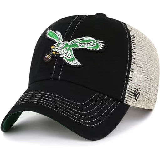 Black and cream trucker hat featuring embroidered Philadelphia Eagles logo in green and white with mesh back panel Main image